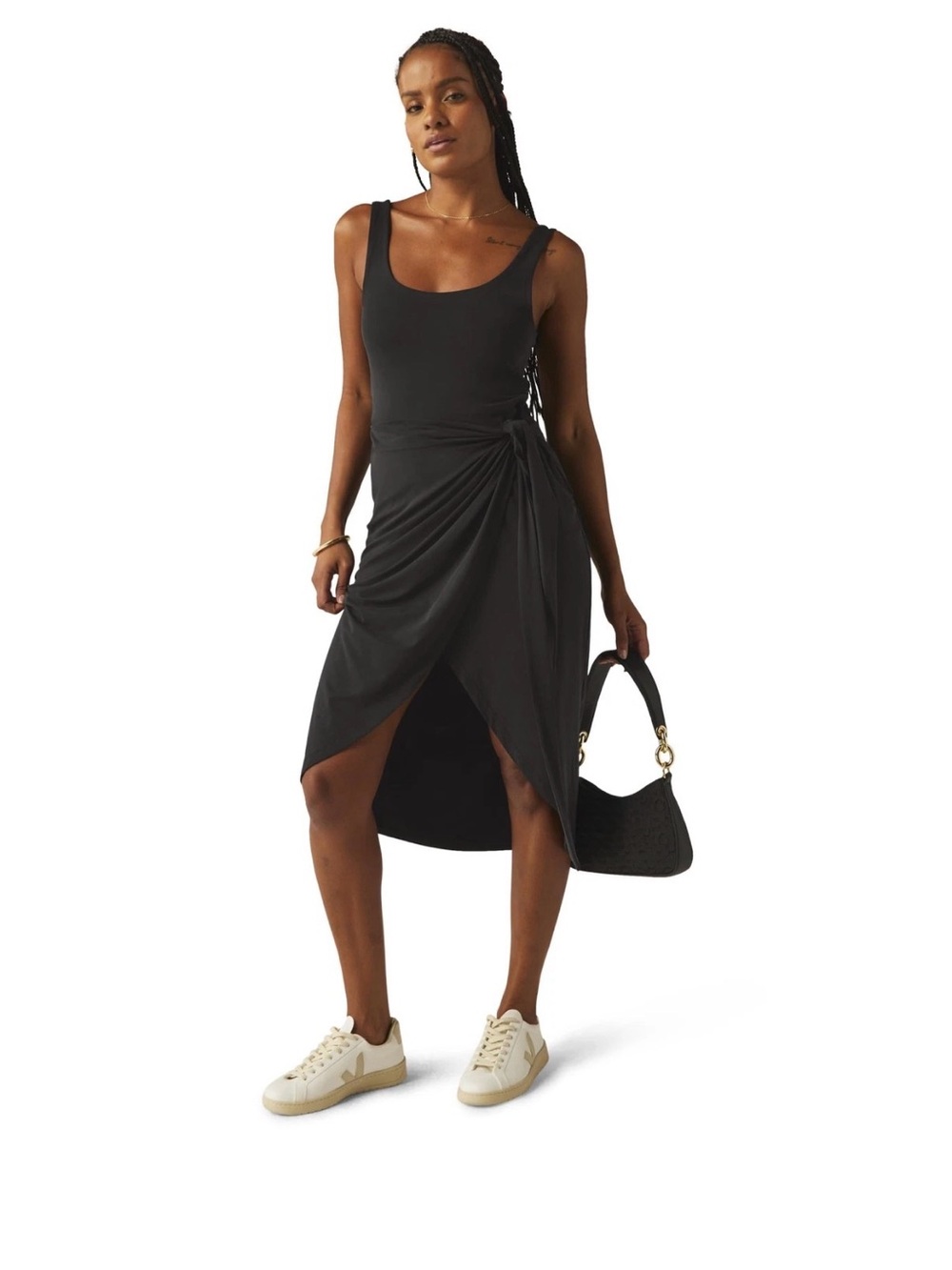 Beyond Yoga Women's sleeveless Intrigue Black Wrap-Detail Midi Dress size Med